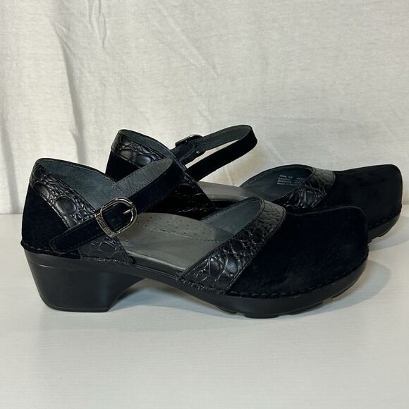 Dansko SALLY Black Suede Leather Mary Jane Clogs w Croc Trim Size 38 US 7.5 - Picture 1 of 7